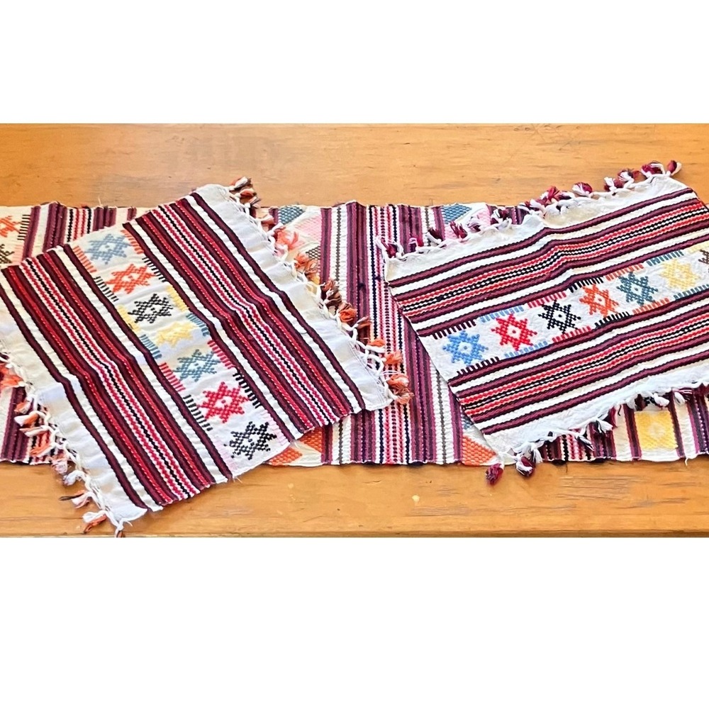 Woven Table Runner With 2 Placemats Set Aztec Tribal Geometric Boho Fringe